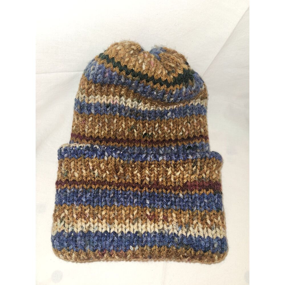 Handmade Multi-Color Knit Beanie - Striped Earth Tone Artisan Cuffed Slouchy Hat